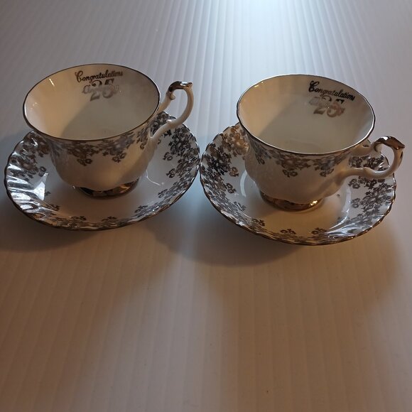 Royal Albert 25th Anniversary Silver Filigree Tea Cup & Saucer Set of 2 - Picture 1 of 11